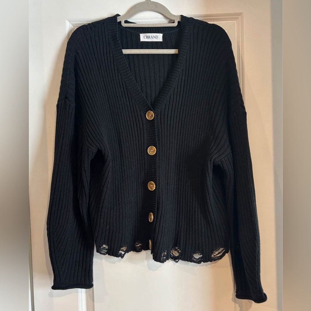 Boutique Black Distressed Button-Up Women's Sweater